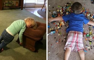 Дети, которые уснули в необычных местах и позах (15 фото)