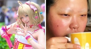 Японские косплееры устроили флешмоб и показали, как выглядят в образе и в обычной жизни (19 фото)